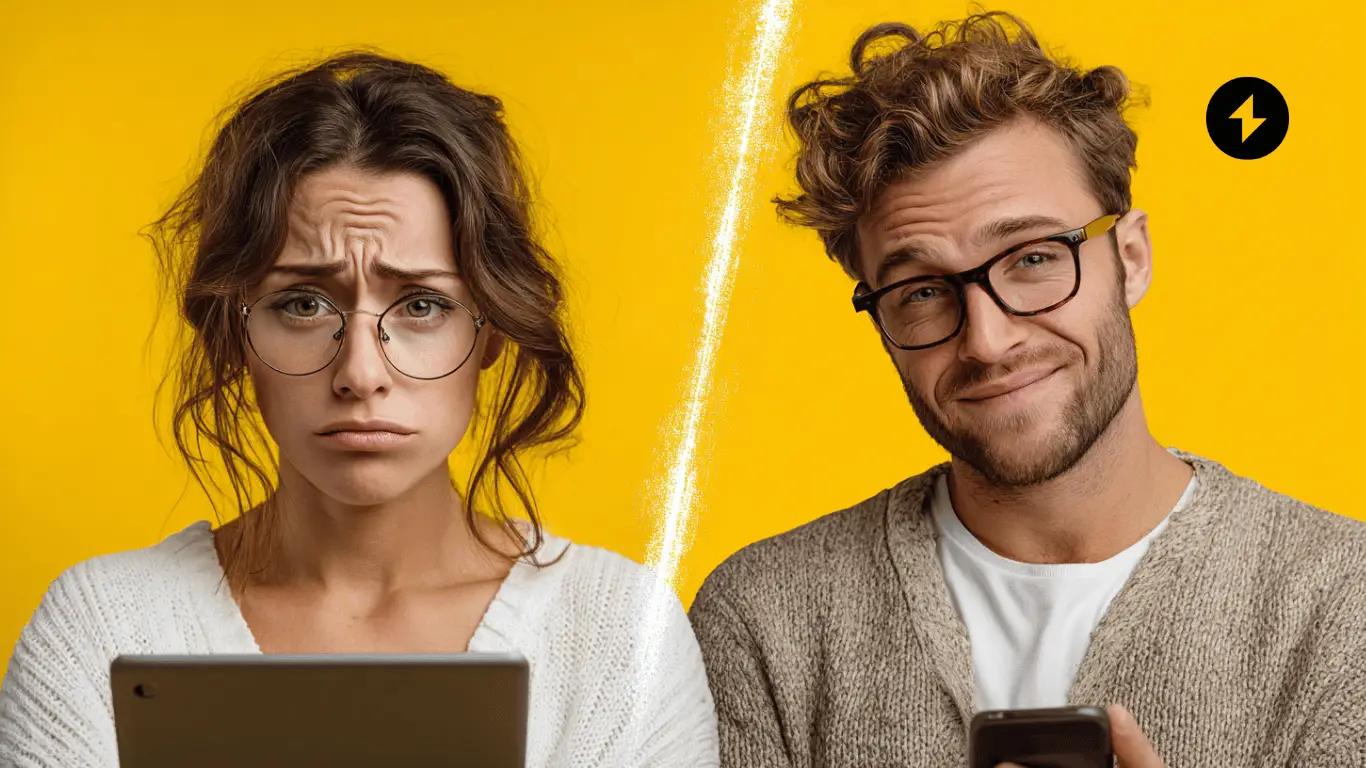 Future-Proof SEO for SMEs - Split-screen image of a woman on the left and a man on the right, both wearing glasses and posed against a bright yellow background; the woman looks frustrated while holding a tablet, and the man appears confident and relaxed while holding a smartphone, highlighting a stark contrast in mood and experience.
